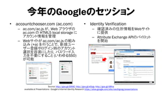 今年のGoogleのセッション
•   accountchooser.com (ac.com)                                       •     Identity Verification
    – ac.com/ac.js が、Web ブラウザの                                                – 確認済みの住所情報をWebサイト
      ac.com の HTML5 local storage に                                            に提供
      アカウント情報を管理                                                              – Attribute Exchange APIのパイロット
    – Webサイトが ac.com/ac.js の組み                                                  を開始
      込み (+α) を行うことで、新規ユー
      ザー登録やログイン時のアカウント
      選択を容易にしたり、パスワード入
      力を不要にすること (いわゆるSSO)
      が可能




                                 Source: http://goo.gl/Gf6AE, http://goo.gl/eGrgy, http://goo.gl/t8Kre
        available at Presentations - Google's Internet Identity Research https://sites.google.com/site/oauthgoog/presentations
 