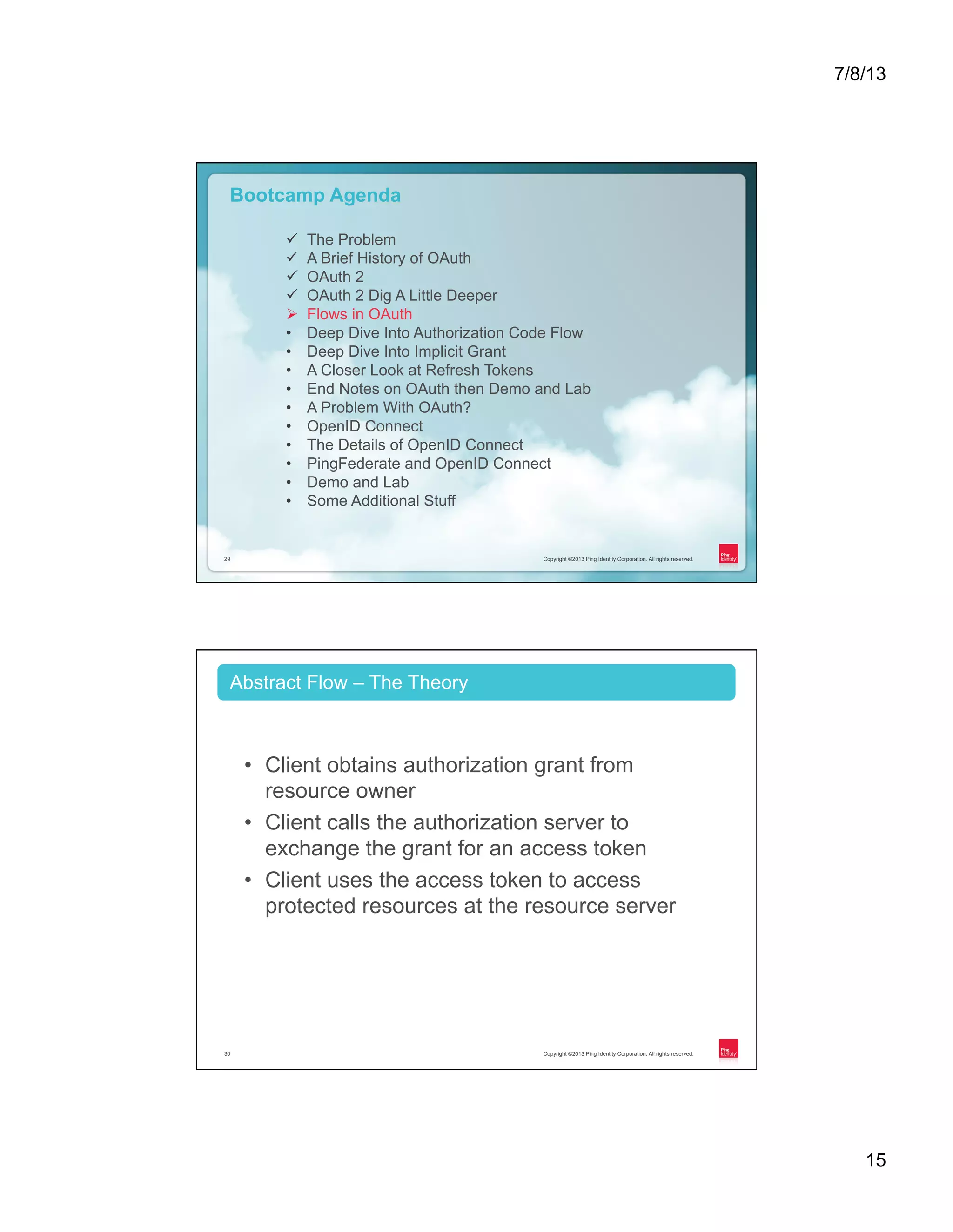 7/8/13 15 Copyright ©2013 Ping Identity Corporation. All rights reserved.29 Copyright ©2013 Ping Identity Corporation. All rights reserved.29 Bootcamp Agenda ü  The Problem ü  A Brief History of OAuth ü  OAuth 2 ü  OAuth 2 Dig A Little Deeper Ø  Flows in OAuth •  Deep Dive Into Authorization Code Flow •  Deep Dive Into Implicit Grant •  A Closer Look at Refresh Tokens •  End Notes on OAuth then Demo and Lab •  A Problem With OAuth? •  OpenID Connect •  The Details of OpenID Connect •  PingFederate and OpenID Connect •  Demo and Lab •  Some Additional Stuff Copyright ©2013 Ping Identity Corporation. All rights reserved.30 •  Client obtains authorization grant from resource owner •  Client calls the authorization server to exchange the grant for an access token •  Client uses the access token to access protected resources at the resource server Abstract Flow – The Theory 