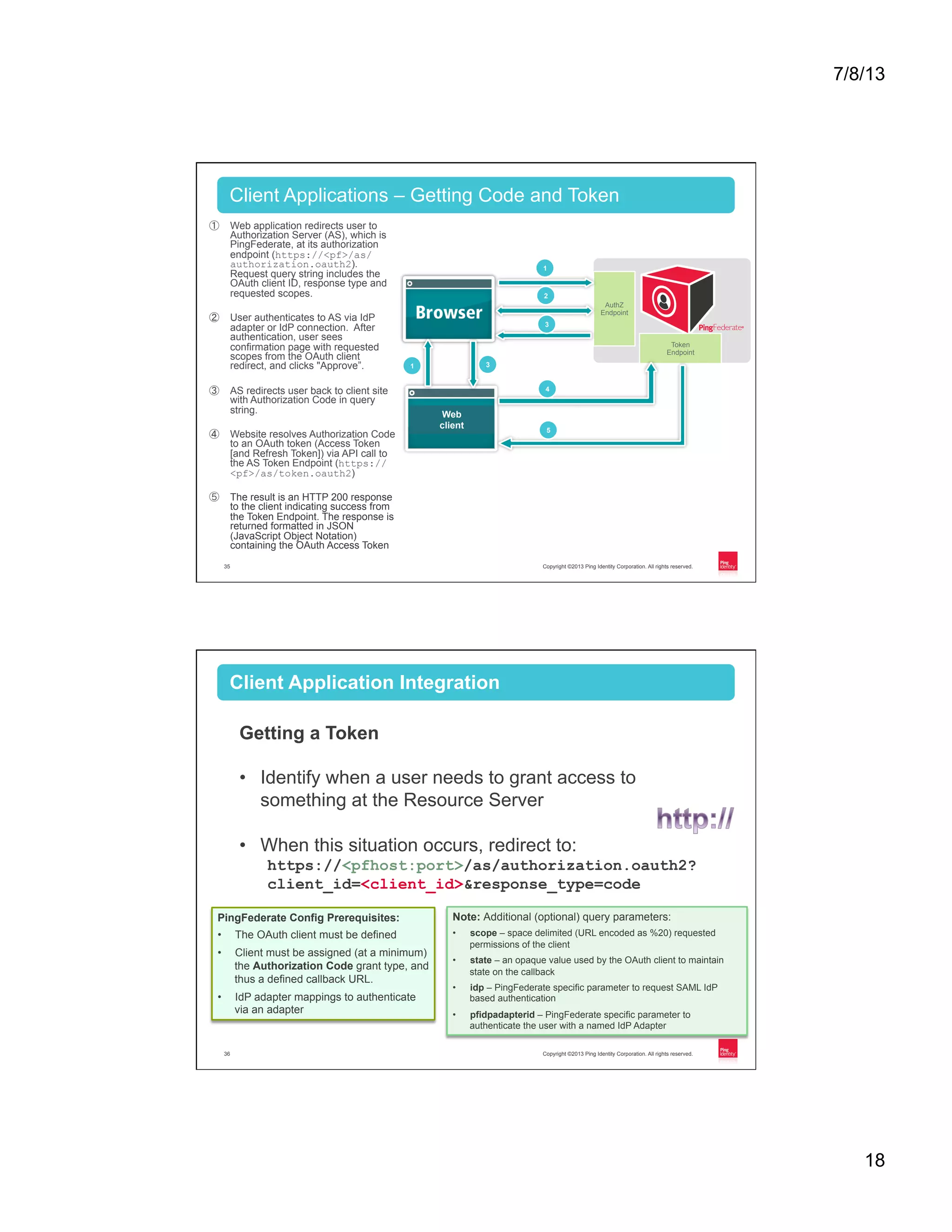 7/8/13 18 Copyright ©2013 Ping Identity Corporation. All rights reserved.35 ①  Web application redirects user to Authorization Server (AS), which is PingFederate, at its authorization endpoint (https://<pf>/as/ authorization.oauth2). Request query string includes the OAuth client ID, response type and requested scopes. ②  User authenticates to AS via IdP adapter or IdP connection. After authentication, user sees confirmation page with requested scopes from the OAuth client redirect, and clicks "Approve”. ③  AS redirects user back to client site with Authorization Code in query string. ④  Website resolves Authorization Code to an OAuth token (Access Token [and Refresh Token]) via API call to the AS Token Endpoint (https:// <pf>/as/token.oauth2) ⑤  The result is an HTTP 200 response to the client indicating success from the Token Endpoint. The response is returned formatted in JSON (JavaScript Object Notation) containing the OAuth Access Token Client Applications – Getting Code and Token Web client Token Endpoint AuthZ Endpoint 1 1 2 3 3 4 5 Copyright ©2013 Ping Identity Corporation. All rights reserved.36 Client Application Integration Getting a Token •  Identify when a user needs to grant access to something at the Resource Server •  When this situation occurs, redirect to: https://<pfhost:port>/as/authorization.oauth2? client_id=<client_id>&response_type=code Note: Additional (optional) query parameters: •  scope – space delimited (URL encoded as %20) requested permissions of the client •  state – an opaque value used by the OAuth client to maintain state on the callback •  idp – PingFederate specific parameter to request SAML IdP based authentication •  pfidpadapterid – PingFederate specific parameter to authenticate the user with a named IdP Adapter PingFederate Config Prerequisites: •  The OAuth client must be defined •  Client must be assigned (at a minimum) the Authorization Code grant type, and thus a defined callback URL. •  IdP adapter mappings to authenticate via an adapter 