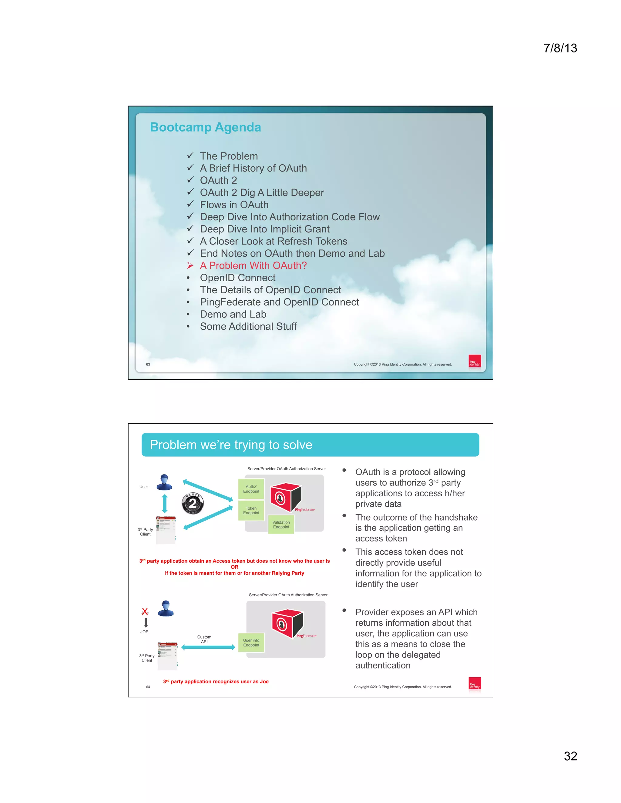 7/8/13 32 Copyright ©2013 Ping Identity Corporation. All rights reserved.63 Copyright ©2013 Ping Identity Corporation. All rights reserved.63 Bootcamp Agenda ü  The Problem ü  A Brief History of OAuth ü  OAuth 2 ü  OAuth 2 Dig A Little Deeper ü  Flows in OAuth ü  Deep Dive Into Authorization Code Flow ü  Deep Dive Into Implicit Grant ü  A Closer Look at Refresh Tokens ü  End Notes on OAuth then Demo and Lab Ø  A Problem With OAuth? •  OpenID Connect •  The Details of OpenID Connect •  PingFederate and OpenID Connect •  Demo and Lab •  Some Additional Stuff Copyright ©2013 Ping Identity Corporation. All rights reserved.64 •  OAuth is a protocol allowing users to authorize 3rd party applications to access h/her private data •  The outcome of the handshake is the application getting an access token •  This access token does not directly provide useful information for the application to identify the user Problem we’re trying to solve Token Endpoint Validation Endpoint AuthZ Endpoint User 3rd Party Client Server/Provider OAuth Authorization Server 3rd party application obtain an Access token but does not know who the user is OR if the token is meant for them or for another Relying Party User info Endpoint User JOE 3rd Party Client Server/Provider OAuth Authorization Server X 3rd party application recognizes user as Joe •  Provider exposes an API which returns information about that user, the application can use this as a means to close the loop on the delegated authentication Custom API 