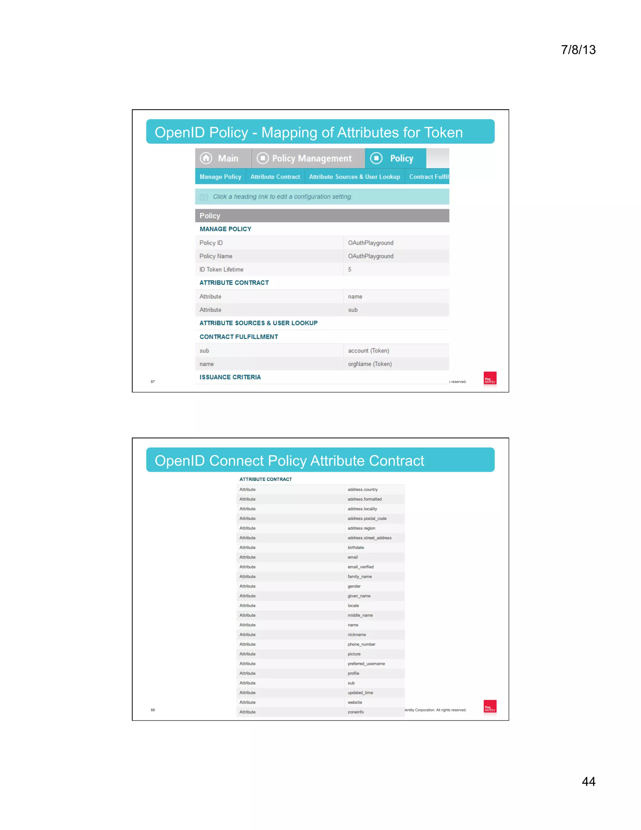 7/8/13 44 Copyright ©2013 Ping Identity Corporation. All rights reserved.87 OpenID Policy - Mapping of Attributes for Token Copyright ©2013 Ping Identity Corporation. All rights reserved.88 OpenID Connect Policy Attribute Contract 