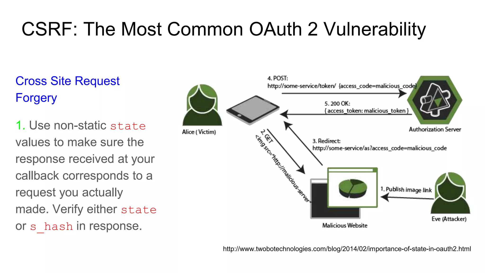 Cross Site Request
Forgery
1. Use non-static state
values to make sure the
response received at your
callback corresponds to a
request you actually
made. Verify either state
or s_hash in response.
CSRF: The Most Common OAuth 2 Vulnerability
http://www.twobotechnologies.com/blog/2014/02/importance-of-state-in-oauth2.html
 