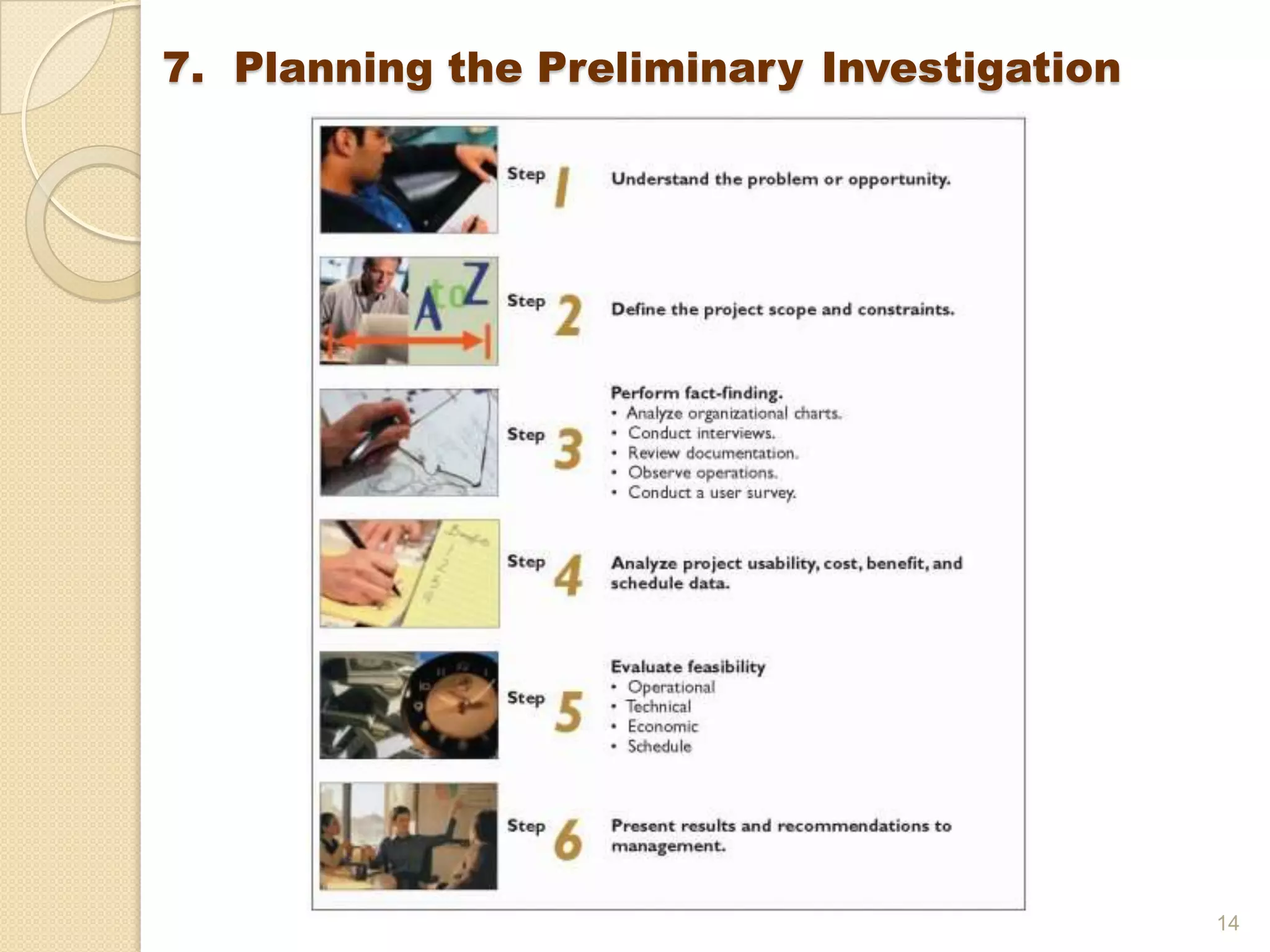 14
7. Planning the Preliminary Investigation
 