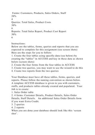 Forms: Customers, Products, Sales Orders, Staff
20%
4
Queries: Total Sales, Product Costs
30%
6
Reports: Total Sales Report, Product Cost Report
30%
6
Instructions:
Below are the tables, forms, queries and reports that you are
expected to complete for this assignment (see screen shots)
Here are the steps for you to follow:
1. Create the four tables using specific data (see below) by
creating the “tables” in ACCESS and key in these data as shown
below (screen shots)
2. Create the four forms from the four tables in ACCESS
3. Create two queries, you may want to use the wizard to do this
4. Create two reports from the two queries
Your Database must have all these tables, forms, queries, and
reports. Please follow the naming convention as shown below.
A template ACCESS database is given to you with customers,
staffs, and products tables already created and populated. Your
Job is to create:
1. Sales Order table
2. 4 forms: Customer Details, Product Details, Sales Order
Details, Staff Details. An additional Sales Order Details form
if you want Extra Credit.
3. 2 queries
4. 2 reports
When you are done your database should look like this ‘screen
shot’.
 