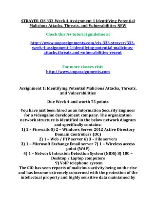 STRAYER CIS 333 Week 4 Assignment 1 Identifying Potential
Malicious Attacks, Threats, and Vulnerabilities NEW
Check this A+ tutorial guideline at
http://www.uopassignments.com/cis-333-strayer/333-
week-4-assignment-1-identifying-potential-malicious-
attacks,threats,and-vulnerabilities-recent
For more classes visit
http://www.uopassignments.com
Assignment 1: Identifying Potential Malicious Attacks, Threats,
and Vulnerabilities
Due Week 4 and worth 75 points
You have just been hired as an Information Security Engineer
for a videogame development company. The organization
network structure is identified in the below network diagram
and specifically contains:
1) 2 – Firewalls 5) 2 – Windows Server 2012 Active Directory
Domain Controllers (DC)
2) 1 – Web / FTP server 6) 3 – File servers
3) 1 – Microsoft Exchange Email server 7) 1 – Wireless access
point (WAP)
4) 1 – Network Intrusion Detection System (NIDS) 8) 100 –
Desktop / Laptop computers
9) VoIP telephone system
The CIO has seen reports of malicious activity being on the rise
and has become extremely concerned with the protection of the
intellectual property and highly sensitive data maintained by
 