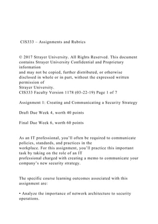 CIS333 – Assignments and Rubrics
© 2017 Strayer University. All Rights Reserved. This document
contains Strayer University Confidential and Proprietary
information
and may not be copied, further distributed, or otherwise
disclosed in whole or in part, without the expressed written
permission of
Strayer University.
CIS333 Faculty Version 1178 (03-22-19) Page 1 of 7
Assignment 1: Creating and Communicating a Security Strategy
Draft Due Week 4, worth 40 points
Final Due Week 6, worth 60 points
As an IT professional, you’ll often be required to communicate
policies, standards, and practices in the
workplace. For this assignment, you’ll practice this important
task by taking on the role of an IT
professional charged with creating a memo to communicate your
company’s new security strategy.
The specific course learning outcomes associated with this
assignment are:
• Analyze the importance of network architecture to security
operations.
 