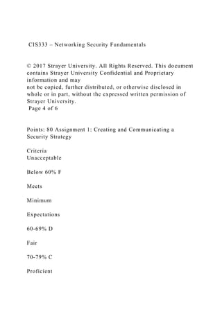 CIS333 – Networking Security Fundamentals
© 2017 Strayer University. All Rights Reserved. This document
contains Strayer University Confidential and Proprietary
information and may
not be copied, further distributed, or otherwise disclosed in
whole or in part, without the expressed written permission of
Strayer University.
Page 4 of 6
Points: 80 Assignment 1: Creating and Communicating a
Security Strategy
Criteria
Unacceptable
Below 60% F
Meets
Minimum
Expectations
60-69% D
Fair
70-79% C
Proficient
 