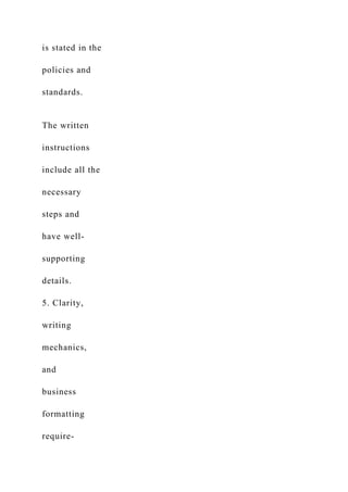 is stated in the
policies and
standards.
The written
instructions
include all the
necessary
steps and
have well-
supporting
details.
5. Clarity,
writing
mechanics,
and
business
formatting
require-
 