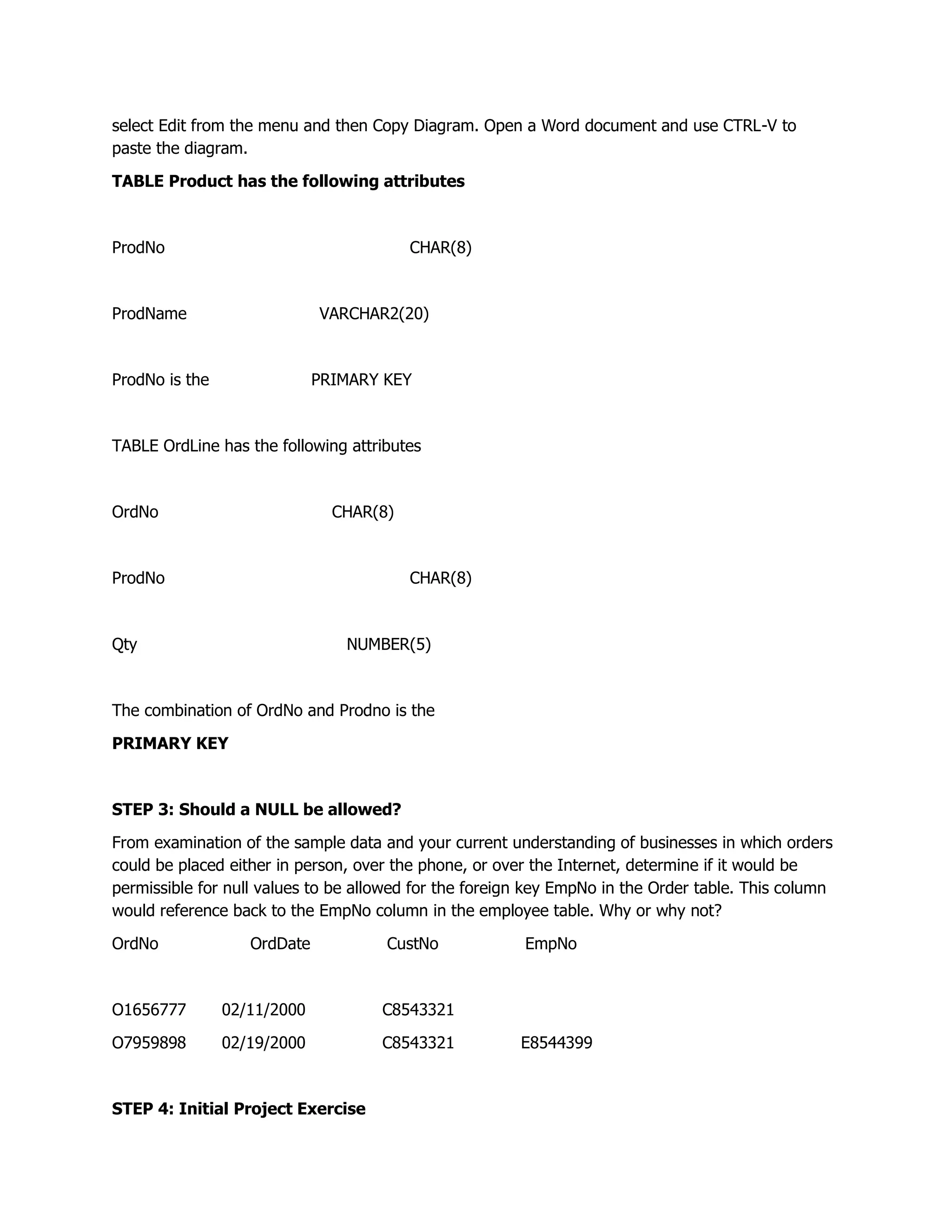 select Edit from the menu and then Copy Diagram. Open a Word document and use CTRL-V to
paste the diagram.
TABLE Product has the following attributes
ProdNo CHAR(8)
ProdName VARCHAR2(20)
ProdNo is the PRIMARY KEY
TABLE OrdLine has the following attributes
OrdNo CHAR(8)
ProdNo CHAR(8)
Qty NUMBER(5)
The combination of OrdNo and Prodno is the
PRIMARY KEY
STEP 3: Should a NULL be allowed?
From examination of the sample data and your current understanding of businesses in which orders
could be placed either in person, over the phone, or over the Internet, determine if it would be
permissible for null values to be allowed for the foreign key EmpNo in the Order table. This column
would reference back to the EmpNo column in the employee table. Why or why not?
OrdNo OrdDate CustNo EmpNo
O1656777 02/11/2000 C8543321
O7959898 02/19/2000 C8543321 E8544399
STEP 4: Initial Project Exercise
 