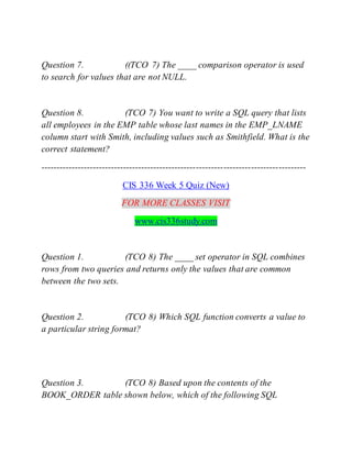 Question 7. ((TCO 7) The ____ comparison operator is used
to search for values that are not NULL.
Question 8. (TCO 7) You want to write a SQL query that lists
all employees in the EMP table whose last names in the EMP_LNAME
column start with Smith, including values such as Smithfield. What is the
correct statement?
---------------------------------------------------------------------------------------
CIS 336 Week 5 Quiz (New)
FOR MORE CLASSES VISIT
www.cis336study.com
Question 1. (TCO 8) The ____ set operator in SQL combines
rows from two queries and returns only the values that are common
between the two sets.
Question 2. (TCO 8) Which SQL function converts a value to
a particular string format?
Question 3. (TCO 8) Based upon the contents of the
BOOK_ORDER table shown below, which of the following SQL
 