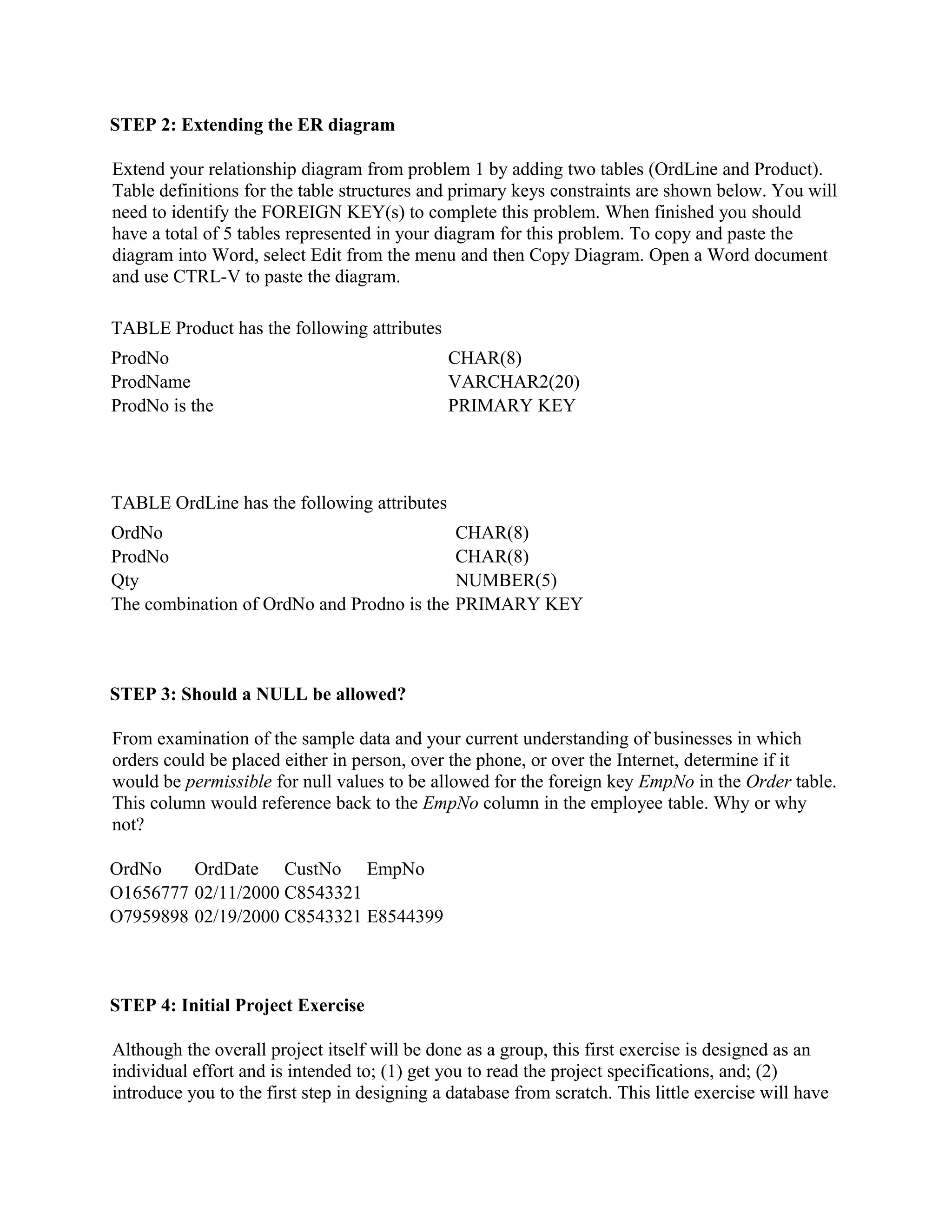 STEP 2: Extending the ER diagram

Extend your relationship diagram from problem 1 by adding two tables (OrdLine and Product).
Table definitions for the table structures and primary keys constraints are shown below. You will
need to identify the FOREIGN KEY(s) to complete this problem. When finished you should
have a total of 5 tables represented in your diagram for this problem. To copy and paste the
diagram into Word, select Edit from the menu and then Copy Diagram. Open a Word document
and use CTRL-V to paste the diagram.

TABLE Product has the following attributes
ProdNo                                        CHAR(8)
ProdName                                      VARCHAR2(20)
ProdNo is the                                 PRIMARY KEY




TABLE OrdLine has the following attributes
OrdNo                                          CHAR(8)
ProdNo                                         CHAR(8)
Qty                                            NUMBER(5)
The combination of OrdNo and Prodno is the     PRIMARY KEY



STEP 3: Should a NULL be allowed?

From examination of the sample data and your current understanding of businesses in which
orders could be placed either in person, over the phone, or over the Internet, determine if it
would be permissible for null values to be allowed for the foreign key EmpNo in the Order table.
This column would reference back to the EmpNo column in the employee table. Why or why
not?

OrdNo    OrdDate CustNo EmpNo
O1656777 02/11/2000 C8543321
O7959898 02/19/2000 C8543321 E8544399



STEP 4: Initial Project Exercise

Although the overall project itself will be done as a group, this first exercise is designed as an
individual effort and is intended to; (1) get you to read the project specifications, and; (2)
introduce you to the first step in designing a database from scratch. This little exercise will have
 