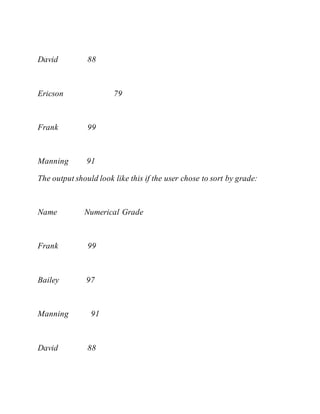 David 88
Ericson 79
Frank 99
Manning 91
The output should look like this if the user chose to sort by grade:
Name Numerical Grade
Frank 99
Bailey 97
Manning 91
David 88
 