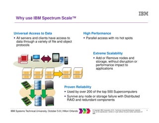6
IBM Systems Technical University, October 5-9 | Hilton Orlando
© Copyright IBM Corporation 2015. Technical University/Symposia materials
may not be reproduced in whole or in part without the prior written permission of
IBM.
Why use IBM Spectrum Scale™
Extreme Scalability
Add or Remove nodes and
storage, without disruption or
performance impact to
applications
Universal Access to Data
All servers and clients have access to
data through a variety of file and object
protocols
High Performance
Parallel access with no hot spots
Proven Reliability
Used by over 200 of the top 500 Supercomputers
Survive any node or storage failure with Distributed
RAID and redundant components
 