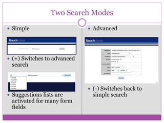 Two Search ModesSimple(+) Switches to advanced searchSuggestions lists are activated for many form fieldsAdvanced(-) Switches back to simple search
