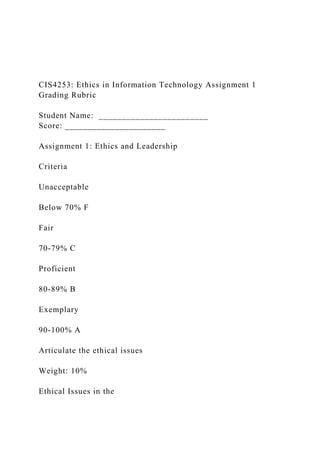 CIS4253: Ethics in Information Technology Assignment 1
Grading Rubric
Student Name: ________________________
Score: ______________________
Assignment 1: Ethics and Leadership
Criteria
Unacceptable
Below 70% F
Fair
70-79% C
Proficient
80-89% B
Exemplary
90-100% A
Articulate the ethical issues
Weight: 10%
Ethical Issues in the
 