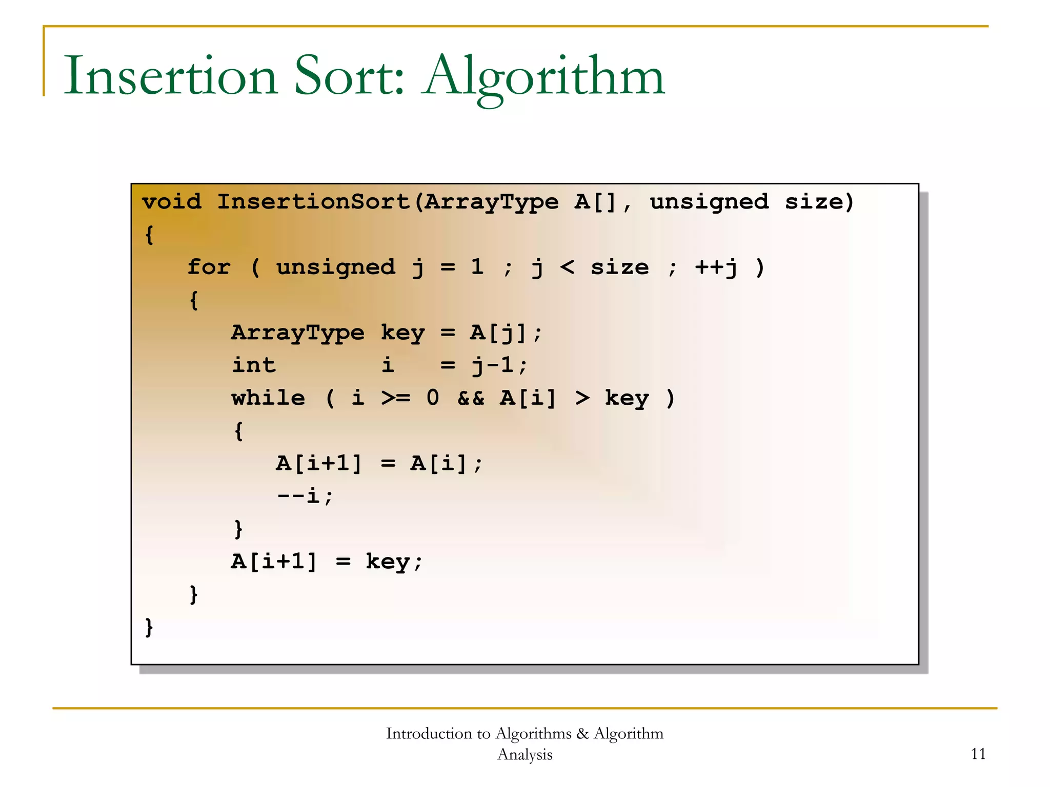 Introduction to Algorithms & Algorithm
Analysis 11
Insertion Sort: Algorithm
void InsertionSort(ArrayType A[], unsigned size)
{
for ( unsigned j = 1 ; j < size ; ++j )
{
ArrayType key = A[j];
int i = j-1;
while ( i >= 0 && A[i] > key )
{
A[i+1] = A[i];
--i;
}
A[i+1] = key;
}
}
 