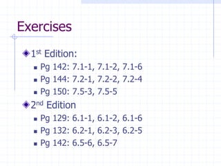Exercises
1st Edition:
 Pg 142: 7.1-1, 7.1-2, 7.1-6
 Pg 144: 7.2-1, 7.2-2, 7.2-4
 Pg 150: 7.5-3, 7.5-5
2nd Edition
 Pg 129: 6.1-1, 6.1-2, 6.1-6
 Pg 132: 6.2-1, 6.2-3, 6.2-5
 Pg 142: 6.5-6, 6.5-7
 