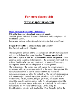 For more classes visit
www.snaptutorial.com
Week 8 Project Deliverable 4 Submission
Click the link above to submit your assignment.
Students, please view the "Submit a Clickable Rubric Assignment" in
the Student Center.
Instructors, training on how to grade is within the Instructor Center.
Project Deliverable 4: Infrastructure and Security
Due Week 8 and worth 150 points
This assignment consists of two (2) sections: an infrastructure document
and a revised Gantt chart or project plan. You must submit both
sections as separate files for the completion of this assignment. Label
each file name according to the section of the assignment for which it is
written. Additionally, you may create and / or assume all necessary
assumptions needed for the completion of this assignment.
The last section of the project plan will present the infrastructure in
accordance with the parameters set forth at the outset of the project. The
network solution that is chosen should support the conceived
information system and allow for scalability. The network infrastructure
will support organizational operations; therefore, a pictorial view of
workstations, servers, routers, bridges, gateways, and access points
should be used. In addition, access paths for Internet access should be
depicted. A narrative should be included to explain all the nodes of the
network and the rationale for the design. Lastly, using the
Confidentiality, Integrity and Availability (CIA) Triangle, define the
 