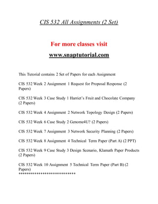 CIS 532 All Assignments (2 Set)
For more classes visit
www.snaptutorial.com
This Tutorial contains 2 Set of Papers for each Assignment
CIS 532 Week 2 Assignment 1 Request for Proposal Response (2
Papers)
CIS 532 Week 3 Case Study 1 Harriet’s Fruit and Chocolate Company
(2 Papers)
CIS 532 Week 4 Assignment 2 Network Topology Design (2 Papers)
CIS 532 Week 6 Case Study 2 Genome4U? (2 Papers)
CIS 532 Week 7 Assignment 3 Network Security Planning (2 Papers)
CIS 532 Week 8 Assignment 4 Technical Term Paper (Part A) (2 PPT)
CIS 532 Week 9 Case Study 3 Design Scenario, Klamath Paper Products
(2 Papers)
CIS 532 Week 10 Assignment 5 Technical Term Paper (Part B) (2
Papers)
****************************
 