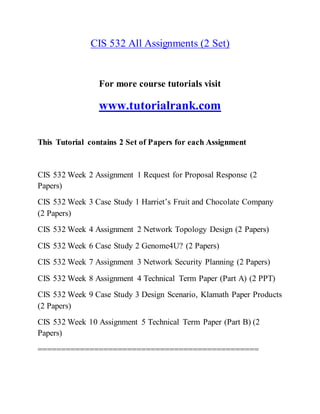 CIS 532 All Assignments (2 Set)
For more course tutorials visit
www.tutorialrank.com
This Tutorial contains 2 Set of Papers for each Assignment
CIS 532 Week 2 Assignment 1 Request for Proposal Response (2
Papers)
CIS 532 Week 3 Case Study 1 Harriet’s Fruit and Chocolate Company
(2 Papers)
CIS 532 Week 4 Assignment 2 Network Topology Design (2 Papers)
CIS 532 Week 6 Case Study 2 Genome4U? (2 Papers)
CIS 532 Week 7 Assignment 3 Network Security Planning (2 Papers)
CIS 532 Week 8 Assignment 4 Technical Term Paper (Part A) (2 PPT)
CIS 532 Week 9 Case Study 3 Design Scenario, Klamath Paper Products
(2 Papers)
CIS 532 Week 10 Assignment 5 Technical Term Paper (Part B) (2
Papers)
===============================================
 