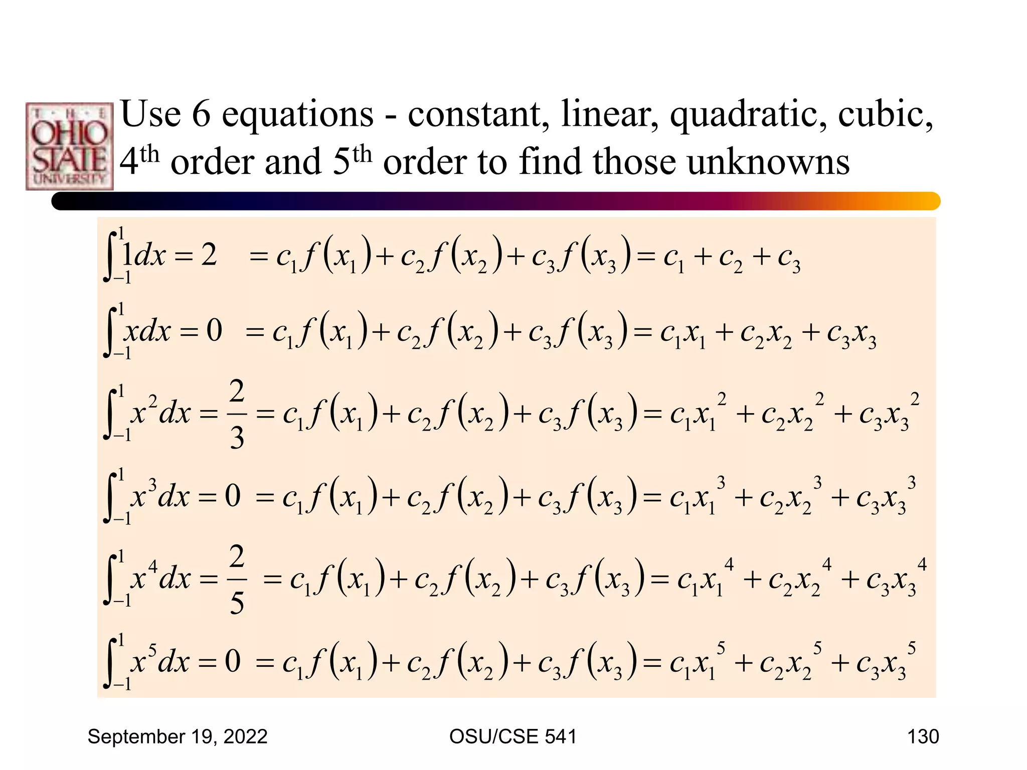 September 19, 2022 OSU/CSE 541 130
Use 6 equations - constant, linear, quadratic, cubic,
4th order and 5th order to find those unknowns
     
     
     
     
     
      5
3
3
5
2
2
5
1
1
3
3
2
2
1
1
1
1
5
4
3
3
4
2
2
4
1
1
3
3
2
2
1
1
1
1
4
3
3
3
3
2
2
3
1
1
3
3
2
2
1
1
1
1
3
2
3
3
2
2
2
2
1
1
3
3
2
2
1
1
1
1
2
3
3
2
2
1
1
3
3
2
2
1
1
1
1
3
2
1
3
3
2
2
1
1
1
1
0
5
2
0
3
2
0
2
1
x
c
x
c
x
c
x
f
c
x
f
c
x
f
c
dx
x
x
c
x
c
x
c
x
f
c
x
f
c
x
f
c
dx
x
x
c
x
c
x
c
x
f
c
x
f
c
x
f
c
dx
x
x
c
x
c
x
c
x
f
c
x
f
c
x
f
c
dx
x
x
c
x
c
x
c
x
f
c
x
f
c
x
f
c
xdx
c
c
c
x
f
c
x
f
c
x
f
c
dx






















































 