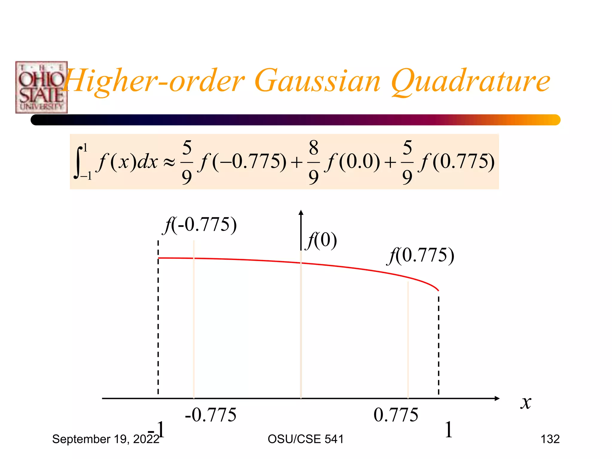September 19, 2022 OSU/CSE 541 132





1
1
)
775
.
0
(
9
5
)
0
.
0
(
9
8
)
775
.
0
(
9
5
)
( f
f
f
dx
x
f
-1 1
x
f(0.775)
f(-0.775)
-0.775 0.775
f(0)
Higher-order Gaussian Quadrature
 