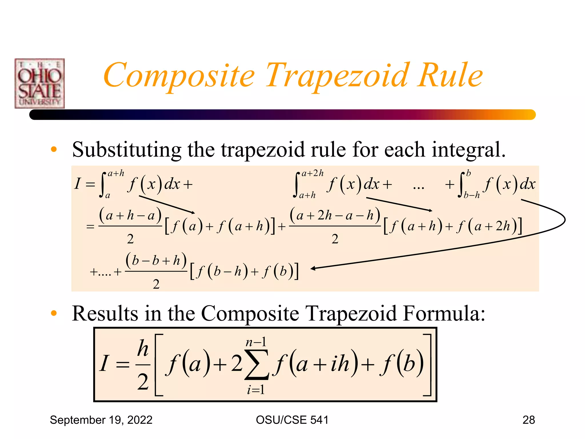 September 19, 2022 OSU/CSE 541 28
• Substituting the trapezoid rule for each integral.
• Results in the Composite Trapezoid Formula:
     
 
   
 
 
   
 
 
   
 
2
2
2
2 2
....
2
...
a h a h b
a a h b h
a h a a h a h
f a f a h f a h f a h
b b h
f b h f b
I f x dx f x dx f x dx
 
 
    
      
 
   
   
  
     








 


b
f
ih
a
f
a
f
h
I
n
i
1
1
2
2
Composite Trapezoid Rule
 