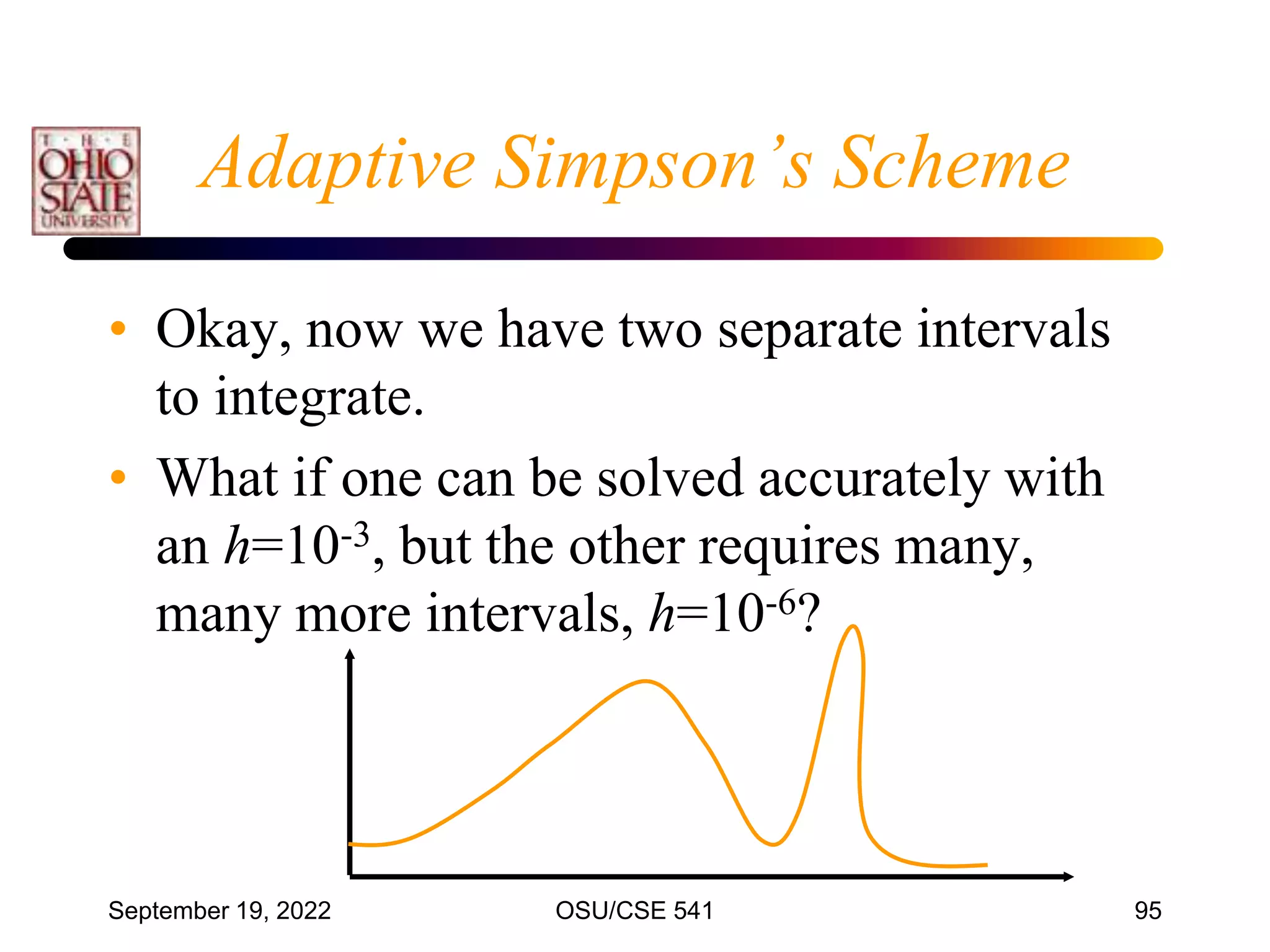 September 19, 2022 OSU/CSE 541 95
Adaptive Simpson’s Scheme
• Okay, now we have two separate intervals
to integrate.
• What if one can be solved accurately with
an h=10-3, but the other requires many,
many more intervals, h=10-6?
 
