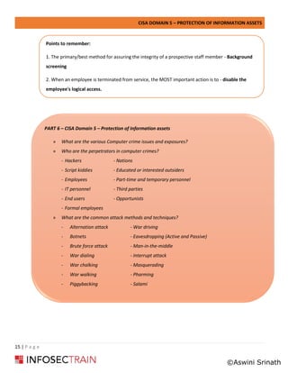 CISA DOMAIN 5 – PROTECTION OF INFORMATION ASSETS
15 | P a g e
PART 6 – CISA Domain 5 – Protection of Information assets
» What are the various Computer crime issues and exposures?
» Who are the perpetrators in computer crimes?
- Hackers - Nations
- Script kiddies - Educated or interested outsiders
- Employees - Part-time and temporary personnel
- IT personnel - Third parties
- End users - Opportunists
- Formal employees
» What are the common attack methods and techniques?
- Alternation attack - War driving
- Botnets - Eavesdropping (Active and Passive)
- Brute force attack - Man-in-the-middle
- War dialing - Interrupt attack
- War chalking - Masquerading
- War walking - Pharming
- Piggybacking - Salami
Points to remember:
1. The primary/best method for assuring the integrity of a prospective staff member - Background
screening
2. When an employee is terminated from service, the MOST important action is to - disable the
employee's logical access.
©Aswini Srinath
 