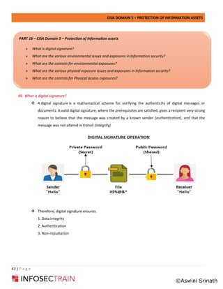 CISA DOMAIN 5 – PROTECTION OF INFORMATION ASSETS
43 | P a g e
46. What is digital signature?
❖ A digital signature is a mathematical scheme for verifying the authenticity of digital messages or
documents. A valid digital signature, where the prerequisites are satisfied, gives a recipient very strong
reason to believe that the message was created by a known sender (authentication), and that the
message was not altered in transit (integrity)
❖ Therefore, digital signature ensures:
1. Data integrity
2. Authentication
3. Non-repudiation
PART 16 – CISA Domain 5 – Protection of Information assets
» What is digital signature?
» What are the various environmental issues and exposures in Information security?
» What are the controls for environmental exposures?
» What are the various physical exposure issues and exposures in Information security?
» What are the controls for Physical access exposures?
»
©Aswini Srinath
 