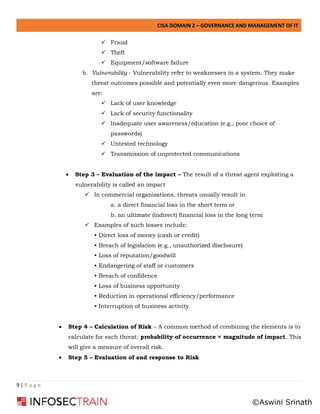 CISA DOMAIN 2 – GOVERNANCE AND MANAGEMENT OF IT
9 | P a g e
✓ Fraud
✓ Theft
✓ Equipment/software failure
b. Vulnerability - Vulnerability refer to weaknesses in a system. They make
threat outcomes possible and potentially even more dangerous. Examples
are:
✓ Lack of user knowledge
✓ Lack of security functionality
✓ Inadequate user awareness/education (e.g., poor choice of
passwords)
✓ Untested technology
✓ Transmission of unprotected communications
• Step 3 – Evaluation of the impact – The result of a threat agent exploiting a
vulnerability is called an impact
✓ In commercial organizations, threats usually result in
a. a direct financial loss in the short term or
b. an ultimate (indirect) financial loss in the long term
✓ Examples of such losses include:
• Direct loss of money (cash or credit)
• Breach of legislation (e.g., unauthorized disclosure)
• Loss of reputation/goodwill
• Endangering of staff or customers
• Breach of confidence
• Loss of business opportunity
• Reduction in operational efficiency/performance
• Interruption of business activity
• Step 4 – Calculation of Risk – A common method of combining the elements is to
calculate for each threat: probability of occurrence × magnitude of impact. This
will give a measure of overall risk.
• Step 5 – Evaluation of and response to Risk
©Aswini Srinath
 