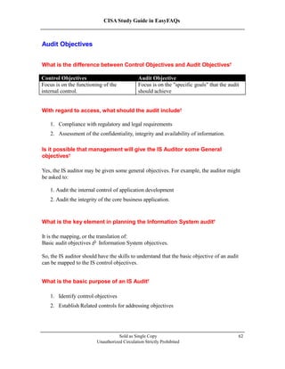 CISA Study Guide in EasyFAQs
Audit Objectives
What is the difference between Control Objectives and Audit Objectives?
Sold as Single Copy
Unauthorized Circulation Strictly Prohibited
62
With regard to access, what should the audit include?
1. Compliance with regulatory and legal requirements
2. Assessment of the confidentiality, integrity and availability of information.
Is it possible that management will give the IS Auditor some General
objectives?
Yes, the IS auditor may be given some general objectives. For example, the auditor might
be asked to:
1. Audit the internal control of application development
2. Audit the integrity of the core business application.
What is the key element in planning the Information System audit?
It is the mapping, or the translation of:
Basic audit objectives  Information System objectives.
So, the IS auditor should have the skills to understand that the basic objective of an audit
can be mapped to the IS control objectives.
What is the basic purpose of an IS Audit?
1. Identify control objectives
2. Establish Related controls for addressing objectives
Control Objectives Audit Objective
Focus is on the functioning of the
internal control.
Focus is on the "specific goals" that the audit
should achieve
 