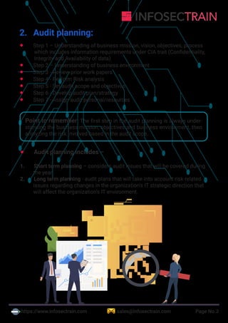 https://www.infosectrain.com sales@infosectrain.com Page No.3
2. Audit planning:
 Step 1 – Understanding of business mission, vision, objectives, process
which includes information requirements under CIA trait (Confidentiality,
Integrity and Availability of data)
 Step 2 – Understanding of business environment
 Step 3 - Review prior work papers
 Step 4 - Perform Risk analysis
 Step 5 - Set audit scope and objectives
 Step 6 - Develop audit plan/strategy
 Step 7 - Assign audit personal/resources
Point to remember: The first step in the audit planning is always under-
standing the business mission, objectives and business environment, then
analyzing the risk involved based in the audit scope.
 Audit planning includes –
1. Short term planning – considers audit issues that will be covered during
the year
2. Long term planning - audit plans that will take into account risk-related
issues regarding changes in the organization’s IT strategic direction that
will affect the organization’s IT environment.
 