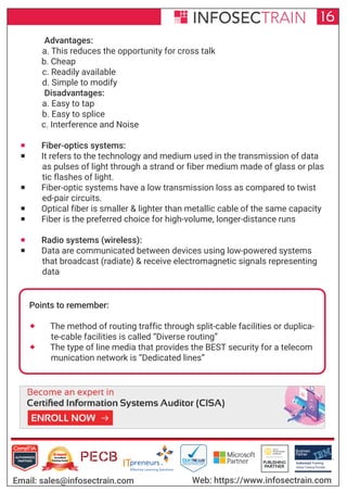 Authorized Training Partner
Business
Partner
Global Training Provider
Authorized Training
TM
R
16
Email: sales@infosectrain.com Web: https://www.infosectrain.com
Advantages:
a. This reduces the opportunity for cross talk
b. Cheap
c. Readily available
d. Simple to modify
Disadvantages:
a. Easy to tap
b. Easy to splice
c. Interference and Noise
 Fiber-optics systems:
 It refers to the technology and medium used in the transmission of data
as pulses of light through a strand or fiber medium made of glass or plas
tic flashes of light.
 Fiber-optic systems have a low transmission loss as compared to twist
ed-pair circuits.
 Optical fiber is smaller & lighter than metallic cable of the same capacity
 Fiber is the preferred choice for high-volume, longer-distance runs
 Radio systems (wireless):
 Data are communicated between devices using low-powered systems
that broadcast (radiate) & receive electromagnetic signals representing
data
Points to remember:
 The method of routing traffic through split-cable facilities or duplica-
te-cable facilities is called “Diverse routing”
 The type of line media that provides the BEST security for a telecom
munication network is “Dedicated lines”
https://www.infosectrain.com/courses/cisa-certification-training/
 