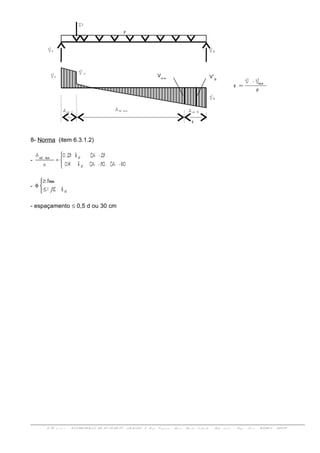 8- Norma (item 6.3.1.2)
-
60-CA50,-CAb0,14
25-CAb25,0
s
A
w
wminsw




=
-
b121
5mm
w


≤
≥
φ
- espaçamento ≤ 0,5 d ou 30 cm
ENG 01 1 1 1 - ESTRUTURAS DE CON CRET O ARMADO I- Prof. Vir g í n i a Mari a Rosi t o d'Avil a - Sal a 3 0 7 d - En g . No v a - UFRGS - DECIV
A sw m i nA sw A A sw B
P
p
V A V B
V A
V’ A
V B
Vm in V’B
p
V-V
x
min
=
x
 
