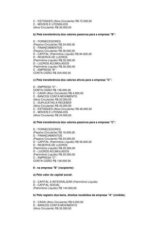 C - ESTOQUES (Ativo Circulante) R$ 72.000,00
C - MÓVEIS E UTENSÍLIOS
(Ativo Circulante) R$ 36.000,00

b) Pela transferência dos valores passivos para a empresa "B":

D - FORNECEDORES
(Passivo Circulante) R$ 24.000,00
D - FINANCIAMENTOS
(Passivo Circulante) R$ 36.000,00
D - CAPITAL (Patrimônio Líquido) R$ 84.000,00
D - RESERVA DE LUCROS
(Patrimônio Líquido) R$ 30.000,00
D - LUCROS ACUMULADOS
(Patrimônio Líquido) R$ 30.000,00
C - EMPRESA "B" -
CONTA CISÃO R$ 204.000,00

c) Pela transferência dos valores ativos para a empresa "C":

D - EMPRESA "C" -
CONTA CISÃO R$ 136.000,00
C - CAIXA (Ativo Circulante) R$ 4.000,00
C - BANCOS CONTA MOVIMENTO
(Ativo Circulante) R$ 20.000,00
C - DUPLICATAS A RECEBER
(Ativo Circulante) R$ 40.000,00
C - ESTOQUES (Ativo Circulante) R$ 48.000,00
C - MÓVEIS E UTENSÍLIOS
(Ativo Circulante) R$ 24.000,00

d) Pela transferência dos valores passivos para a empresa "C":

D - FORNECEDORES
(Passivo Circulante) R$ 16.000,00
D - FINANCIAMENTOS
(Passivo Circulante) R$ 24.000,00
D - CAPITAL (Patrimônio Líquido) R$ 56.000,00
D - RESERVA DE LUCROS
(Patrimônio Líquido) R$ 20.000,00
D - LUCROS ACUMULADOS
(Patrimônio Líquido) R$ 20.000,00
C - EMPRESA "C" -
CONTA CISÃO R$ 136.000,00

II - na empresa "B" (recipiente):

a) Pelo valor do capital social:

D - CAPITAL A INTEGRALIZAR (Patrimônio Líquido)
D - CAPITAL SOCIAL
(Patrimônio Líquido) R$ 144.000,00

b) Pelo registro dos bens, direitos recebidos da empresa "A" (cindida):

D - CAIXA (Ativo Circulante) R$ 6.000,00
D - BANCOS CONTA MOVIMENTO
(Ativo Circulante) R$ 30.000,00
 