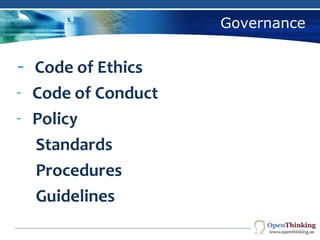 Governance
Company Logo
- Code of Ethics
- Code of Conduct
- Policy
Standards
Procedures
Guidelines
 