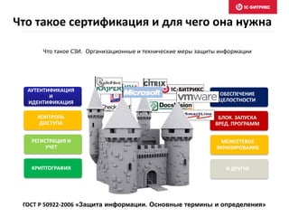 Что такое сертификация и для чего она нужна
Что такое СЗИ. Организационные и технические меры защиты информации
ОБЕСПЕЧЕНИЕ
ЦЕЛОСТНОСТИ
БЛОК. ЗАПУСКА
ВРЕД. ПРОГРАММ
МЕЖСЕТЕВОЕ
ЭКРАНИРОВАНИЕ
И ДРУГИЕ
АУТЕНТИФИКАЦИЯ
И
ИДЕНТИФИКАЦИЯ
КОНТРОЛЬ
ДОСТУПА
РЕГИСТРАЦИЯ И
УЧЕТ
КРИПТОГРАФИЯ
ГОСТ Р 50922-2006 «Защита информации. Основные термины и определения»
 