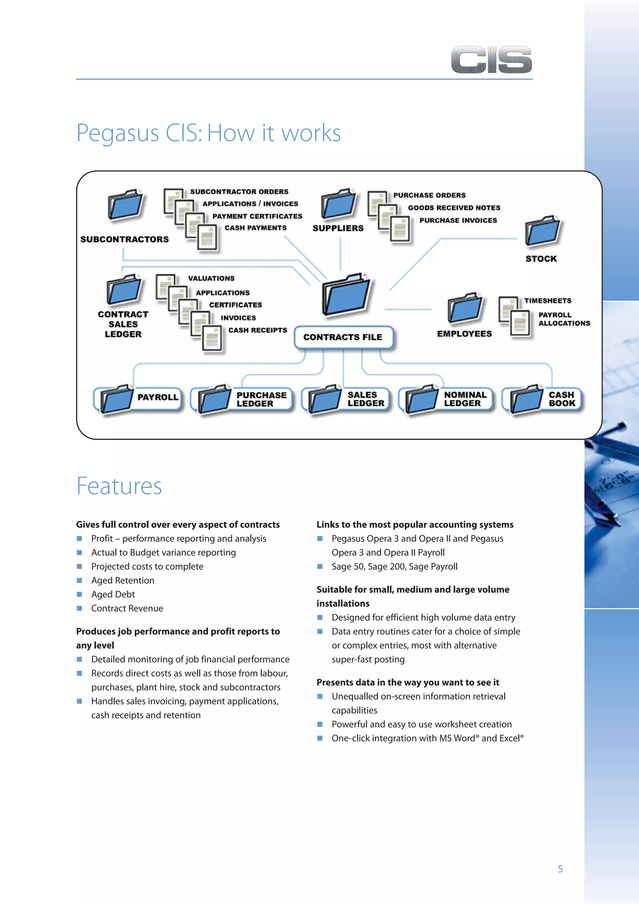 Pegasus CIS: How it works




Features
Gives full control over every aspect of contracts       Links to the most popular accounting systems
   Profit – performance reporting and analysis             Pegasus Opera 3 and Opera II and Pegasus
   Actual to Budget variance reporting                     Opera 3 and Opera II Payroll
   Projected costs to complete                             Sage 50, Sage 200, Sage Payroll
   Aged Retention
   Aged Debt                                            Suitable for small, medium and large volume
   Contract Revenue                                     installations
                                                            Designed for efficient high volume data entry
Produces job performance and profit reports to              Data entry routines cater for a choice of simple
any level                                                   or complex entries, most with alternative
   Detailed monitoring of job financial performance         super-fast posting
   Records direct costs as well as those from labour,
   purchases, plant hire, stock and subcontractors      Presents data in the way you want to see it
   Handles sales invoicing, payment applications,          Unequalled on-screen information retrieval
   cash receipts and retention                             capabilities
                                                           Powerful and easy to use worksheet creation
                                                           One-click integration with MS Word® and Excel®




                                                                                                               5
 