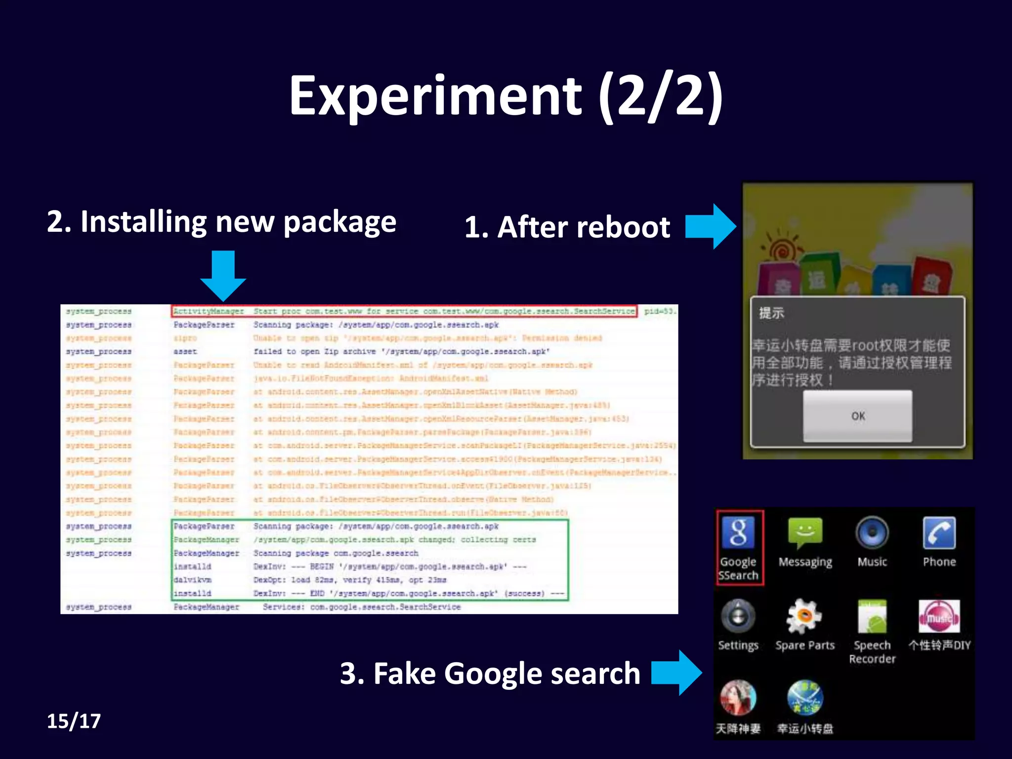 2. Installing new package
3. Fake Google search
1.After reboot
Experiment (2/2)
 