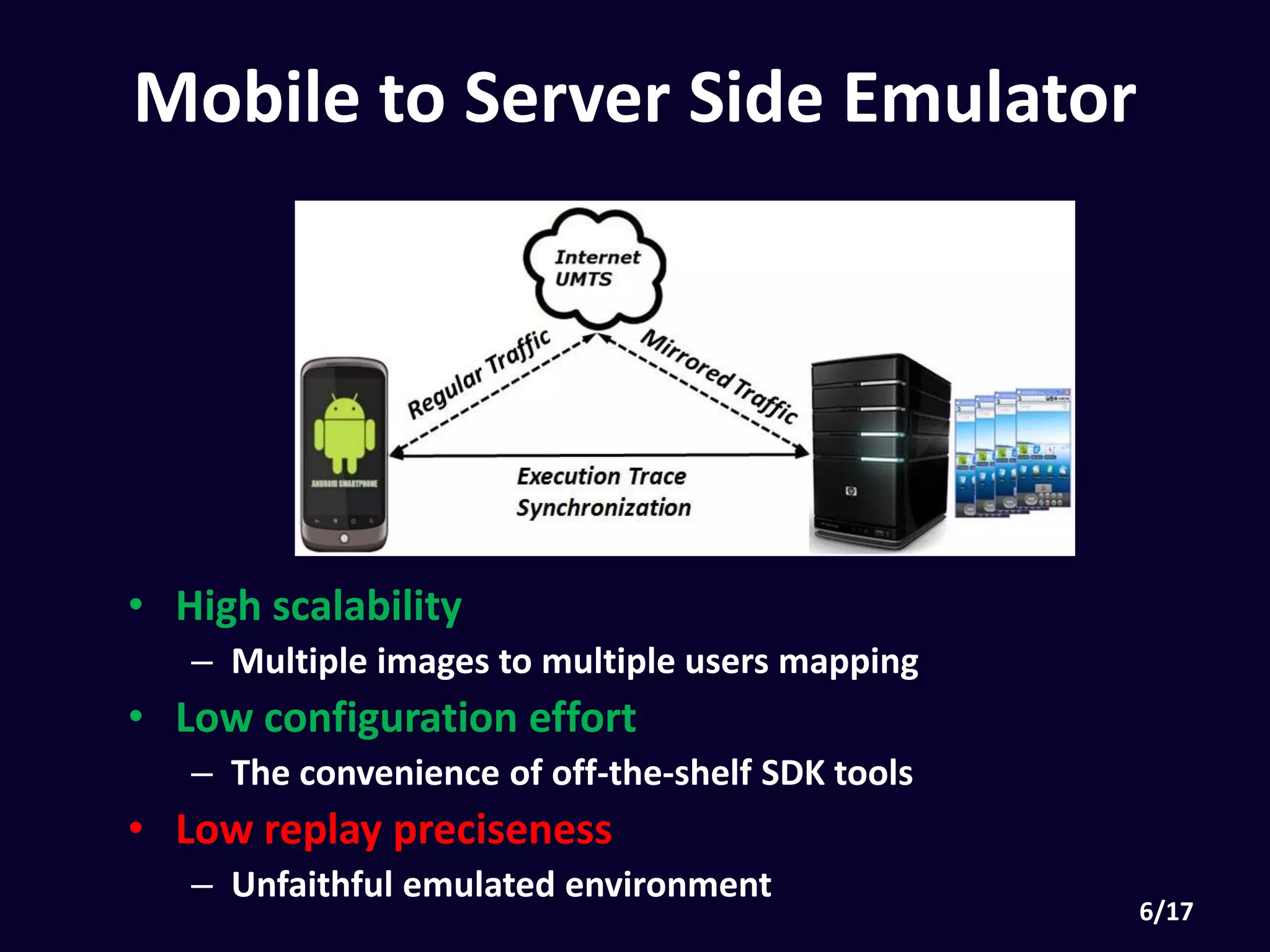 • High scalability
• Multiple images to multiple users mapping
• Low configuration effort
• The convenience of off-the-shelf SDK tools
• Low replay preciseness
• Unfaithful emulated environment
Mobile to Server Side Emulator
 