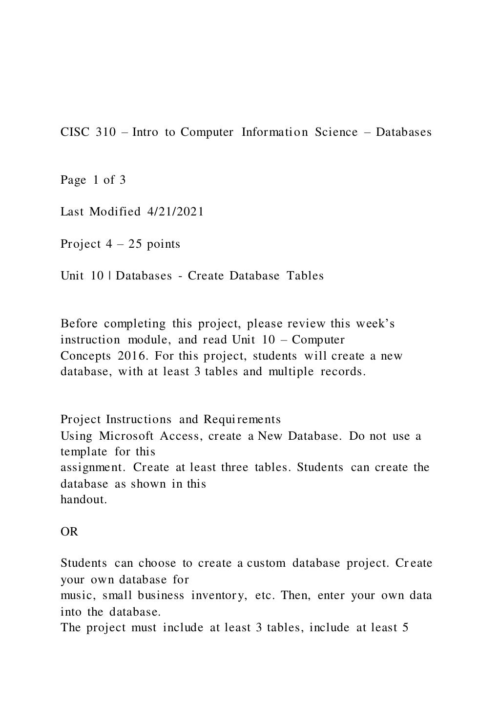 CISC 310 – Intro to Computer Information Science – Databases | PDF