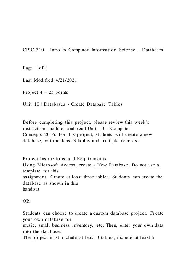 CISC 310 – Intro to Computer Information Science – Databases | PDF