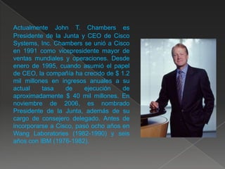 Toral Jara Angel DavidHistoriaCisco Systems fue fundada por Len Bosack y su entonces esposa, Sandra Lerner, El nombre de la compañía viene de la palabra "San Francisco", al mirar por la ventana había al frente un cartel que decía "San Francisco" y un árbol se interponía entre la palabra separando San Fran Cisco, de ahí proviene el nombre de la empresa. Allí comenzó su despliegue como empresa multinacional, ellos se les acredita la fabricación de realces de diseño principales a una de las tecnologías que hace la Internet posible el router. Bosack, Lerner, y los colegas de Stanford que les ayudaron, no inventaron el primer router.