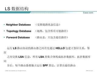 LS 数据结构 Neighbor Database  （交换链路状态信息） Topology Database  （地图，包含所有可能路径） Forward Database  （路由表，只包含最佳路径） 运行 LS 路由协议的路由器之间首先通过 HELLO 包建立邻居关系，邻居 之间交换 LSA 信息，所有 LSA 的集合体构成拓扑数据库，拓扑数据库同  步后，每个路由器都独立运行 SPF 算法，计算出最佳路由 