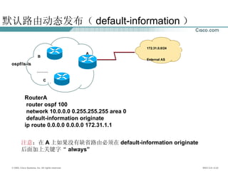 默认路由动态发布（ default-information ） RouterA router ospf 100 network 10.0.0.0 0.255.255.255 area 0 default-information originate ip route 0.0.0.0 0.0.0.0 172.31.1.1  ospf/is-is 注意 ：在 A 上如果没有缺省路由必须在 default-information originate  后面加上关键字“ always” 172.31.0.0/24 External AS A B C ……… 