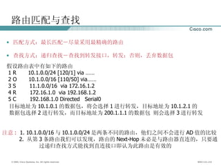 路由匹配与查找 匹配方式：最长匹配－尽量采用最精确的路由 查找方式：递归查找－查找到转发接口，转发；否则，丢弃数据包 假设路由表中有如下的路由 1 R  10.1.0.0/24 [120/1] via …… 2 O  10.1.0.0/16 [110/50] via…… 3 S  11.1.0.0/16  via 172.16.1.2  4 R  172.16.1.0  via 192.168.1.2 5 C  192.168.1.0 Directed  Serial0 目标地址为 10.1.0.1 的数据包，将会选择 1 进行转发，目标地址为 10.1.2.1 的 数据包选择 2 进行转发，而目标地址为 200.1.1.1 的数据包 则会选择 3 进行转发 注意 :   1. 10.1.0.0/16 与 10.1.0.0/24 是两条不同的路由，他们之间不会进行 AD 值的比较 2.  从第 3 条路由我们可以发现，路由的 Next-Hop 未必是与路由器直连的，只要通 过递归查找方式能找到直连接口即认为此路由是有效的 