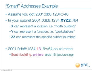 “Smart” Addresses Example
        •     Assume you got 2001:db8:1234::/48
        •     In your subnet 2001:0db8:1234:XYZZ::/64
                –X      can represent a location, i.e. “north building”
                –Y      can represent a function, i.e. “workstations”
                – ZZ     can represent the speciﬁc subnet (number)


        •     2001:0db8:1234:1316::/64 could mean:
                – South     building, printers, area 16 (accounting)


                                                                          24

Tuesday, June 5, 2012
 