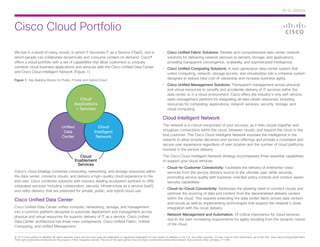 Cisco Cloud Portfolio 
At-A-Glance 
© 2013 Cisco and/or its affiliates. All rights reserved. Cisco and the Cisco logo are trademarks or registered trademarks of Cisco and/or its affiliates in the U.S. and other countries. To view a list of Cisco trademarks, go to this URL: www.cisco.com/go/trademarks. 
Third-party trademarks mentioned are the property of their respective owners. The use of the word partner does not imply a partnership relationship between Cisco and any other company. (1110R) 
We live in a world of many clouds, in which IT becomes IT as a Service (ITaaS), and in 
which people can collaborate dynamically and consume content on demand. Cisco® 
offers a cloud portfolio with a set of capabilities that allow customers to uniquely 
combine cloud business applications and services with the Cisco Unified Data Center 
and Cisco Cloud Intelligent Network (Figure 1). 
Figure 1. Key Building Blocks for Public, Private and Hybrid Cloud 
Cloud 
Intelligent 
Network 
Unied 
Data 
Center 
Cloud 
Enablement 
Services 
Cloud 
Applications 
+ Services 
Cisco’s cloud strategy combines computing, networking, and storage resources within 
the data center, connects clouds, and delivers a high-quality cloud experience to the 
end user. Cisco combines solutions with industry-leading ecosystem partners to offer 
integrated services-including collaboration, security, infrastructure as a service (IaaS), 
and video delivery-that are pretested for private, public, and hybrid cloud use. 
Cisco Unified Data Center 
Cisco Unified Data Center unifies compute, networking, storage, and management 
into a common platform designed to automate deployment and management across 
physical and virtual resources for superior delivery of IT as a service. Cisco Unified 
Data Center architecture has three main components: Cisco Unified Fabric, Unified 
Computing, and Unified Management: 
• Cisco Unified Fabric Solutions: Flexible and comprehensive data center network 
solutions for delivering network services to servers, storage, and applications, 
providing transparent convergence, scalability, and sophisticated intelligence. 
• Cisco Unified Computing Solutions: A next-generation data center system that 
unites computing, network, storage access, and virtualization into a cohesive system 
designed to reduce total cost of ownership and increase business agility. 
• Cisco Unified Management Solutions: Transparent management across physical 
and virtual resources to simplify and accelerate delivery of IT services within the 
data center or in a cloud environment. Cisco offers the industry’s only self-service, 
open management platform for integrating all data center resources, including 
resources for computing, applications, network services, security, storage, and 
cloud computing. 
Cloud Intelligent Network 
The network is a critical component of your success, as it links clouds together and 
virtualizes connections within the cloud, between clouds, and beyond the cloud to the 
end customer. The Cisco Cloud Intelligent Network exposes the intelligence in the 
network to allow smarter decisions and service offerings and provide a consistent and 
secure user experience regardless of user location and the number of cloud platforms 
involved in the service delivery. 
The Cisco Cloud Intelligent Network strategy encompasses three essential capabilities 
to support your cloud services: 
• Cloud-to-Customer Connectivity: Facilitates the delivery of enterprise-class 
services from the service delivery source to the ultimate user, while securely 
promoting service quality with business-oriented policy controls and context-aware 
security capabilities. 
• Cloud-to-Cloud Connectivity: Addresses the growing need to connect clouds and 
optimize the sourcing of data and content from the decentralized delivery centers 
within the cloud. This requires extending the data center fabric across data centers 
and clouds as well as implementing technologies that support the network’s close 
integration with the cloud delivery. 
• Network Management and Automation: Of critical importance for cloud services 
due to the ever-increasing requirements for agility resulting from the dynamic nature 
of the cloud. 
 