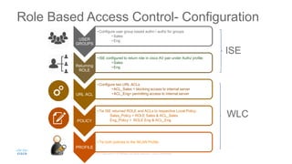 Role Based Access Control- Configuration
USER
GROUPS
• Configure user group based authn / authz for groups
• Sales
• Eng
Returning
ROLE
• ISE configured to return role in cisco AV pair under Authz profile:
• Sales
• Eng
URL ACL
• Configure two URL ACLs
• ACL_Sales = blocking access to internal server
• ACL_Eng= permitting access to internal server
POLICY
• Tie ISE returned ROLE and ACLs to respective Local Policy:
Sales_Policy = ROLE Sales & ACL_Sales
Eng_Policy = ROLE Eng & ACL_Eng
PROFILE
• Tie both policies to the WLAN Profile
ISE
WLC
 